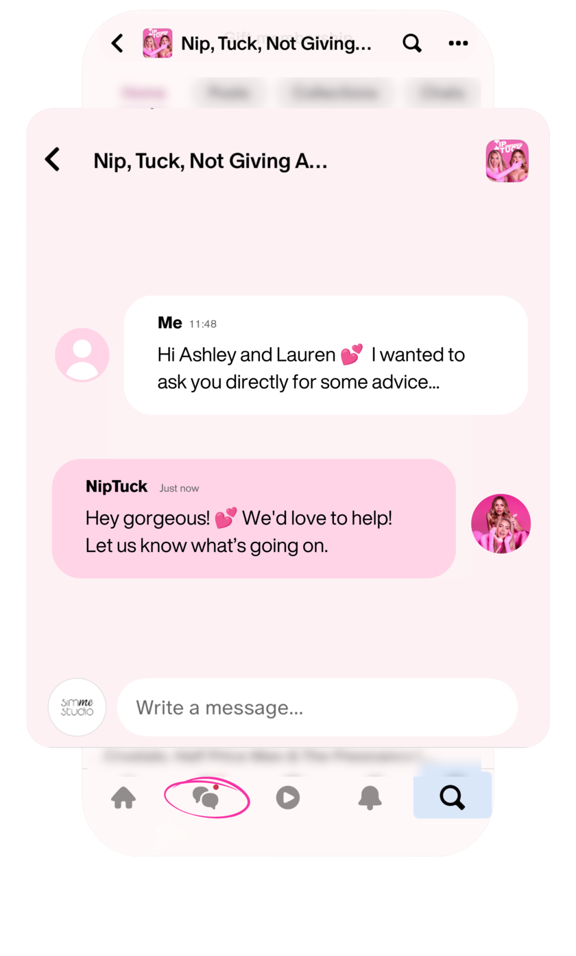 Patreon app showing private messages with Ashley and Lauren, with the Chats tab highlighted