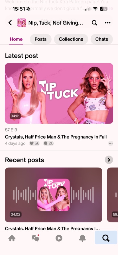Patreon Home tab showing latest episodes